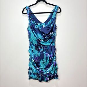 Express Y2K Silk Satin Mini Dress Women 10 Purple Teal Cowl Neck Club Glam Rock